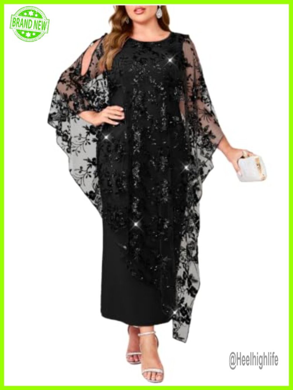 Plus Size Sequin Floral Evening Dress Formal Gown Elegant Long Overlay